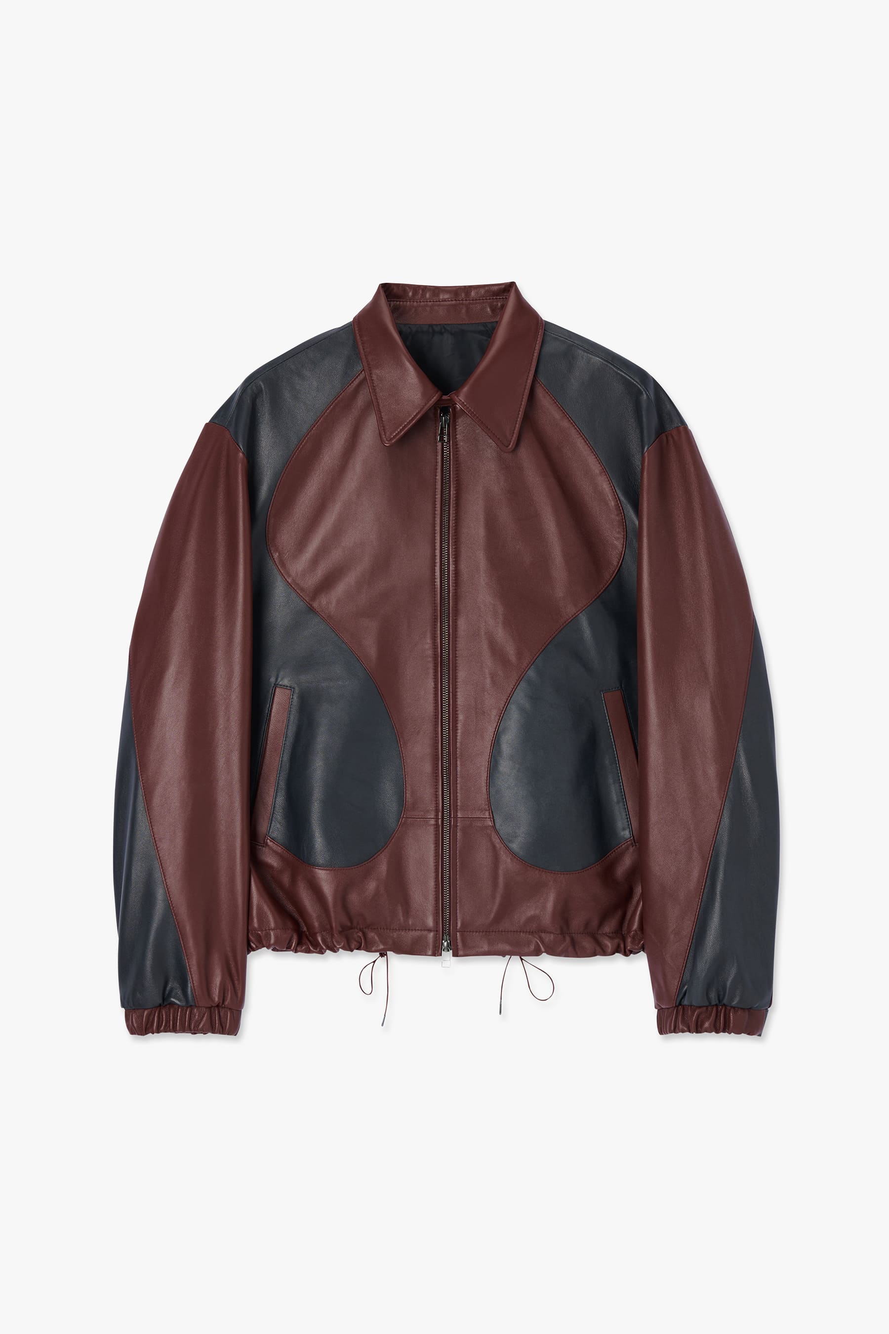 WINE/NAVY LAMB SKIN LEATHER SECTIONED BLOUSON